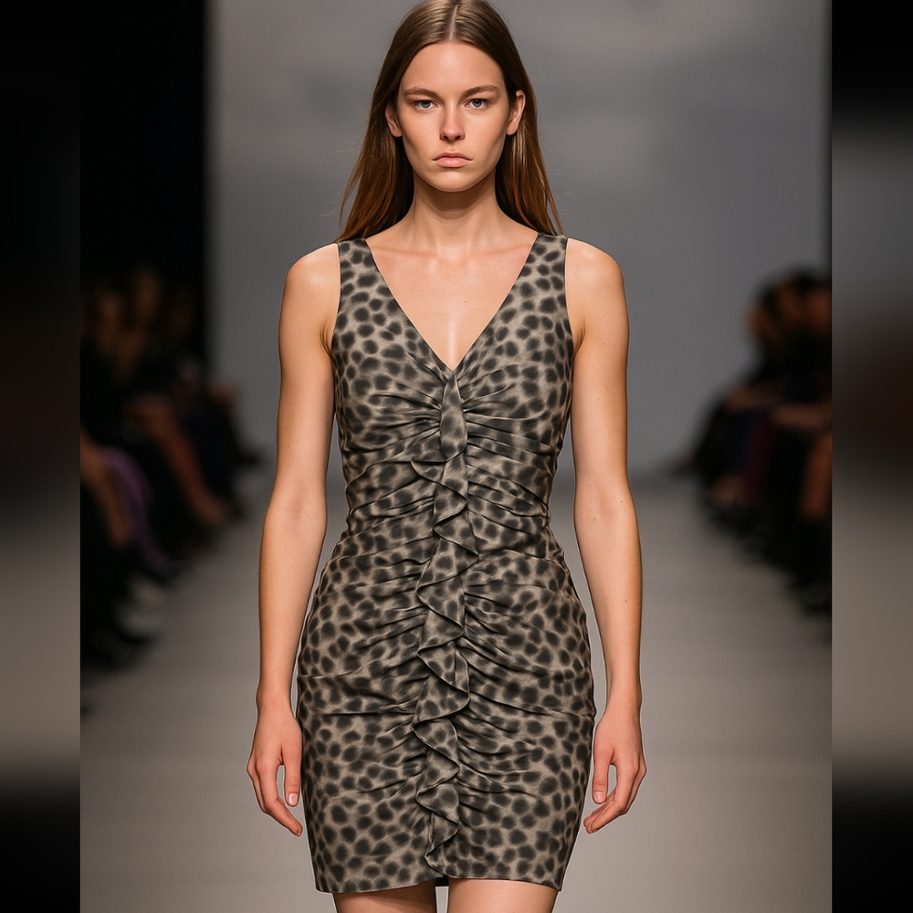 Calvin Klein Leopard Print Brown Cream V Neck Satin Effect Dress Size Sm…